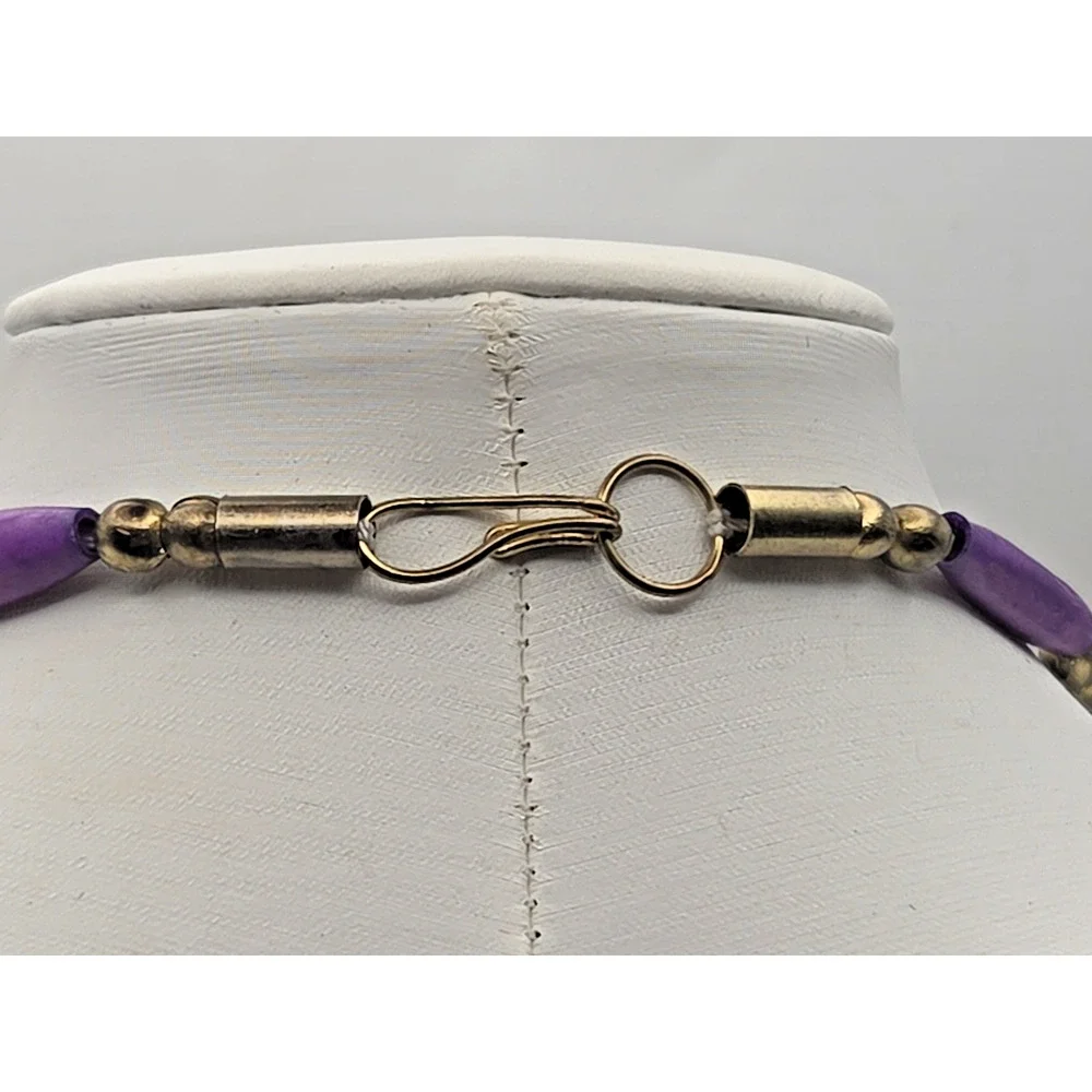Vintage Purple Spike Fringe Bib Necklace 18” Gold Tone Boho Runway Statement